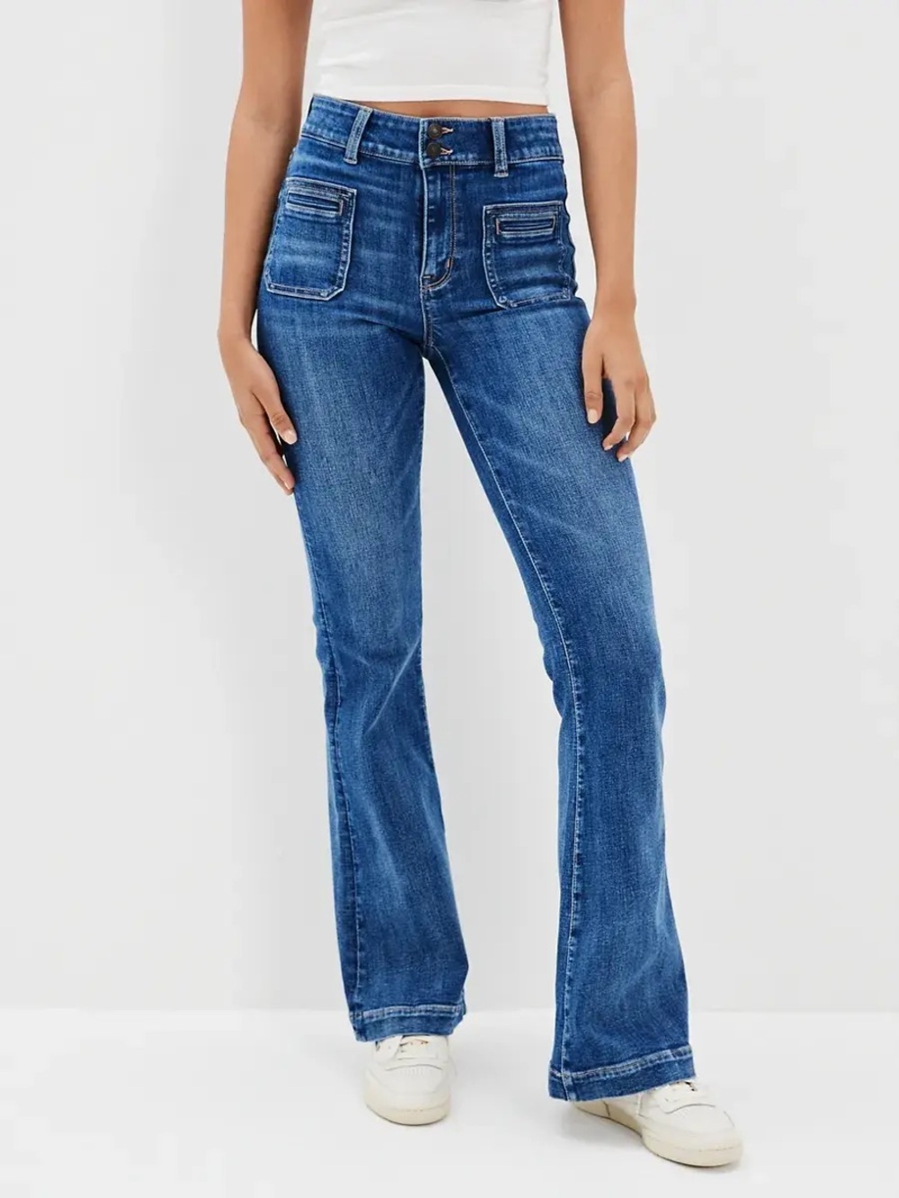 Y2K AMERICAN EAGLE 10 Tall Super Hi-Rise Flare Jeans Blue Tides Double Button